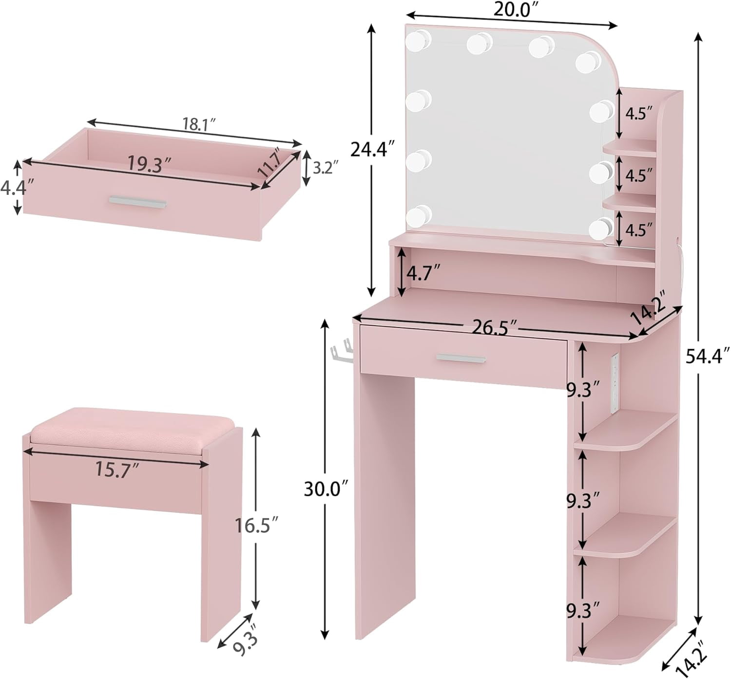 Makeup Vanity Set with Chair, Vanity Desk with Mirror and Lights, Power Outlet for Small Space, Pink