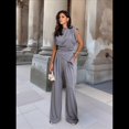 thumbnail image 4 of Traje Informal Sin Mangas Plisado con Cuello Redondo para Mujer, Chaleco de Cuello Redondo, Pantalón de Pierna con Bolsillo, Gris , Talla L, 4 of 7