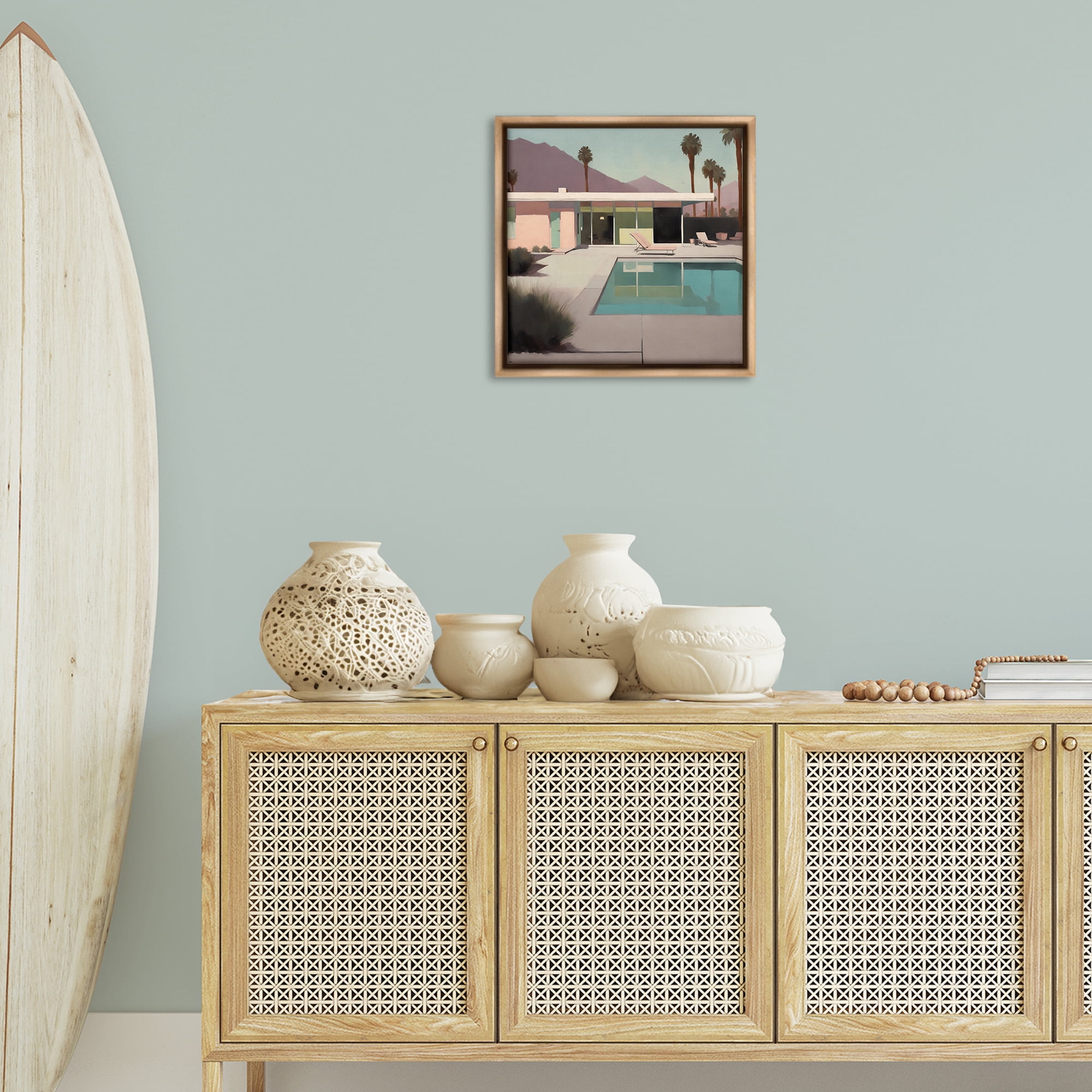 Stupell Industries Californian Pool View Landscape & Nature Painting Brown Floater Framed Canvas Art Print Wall Art, 18 x 18
