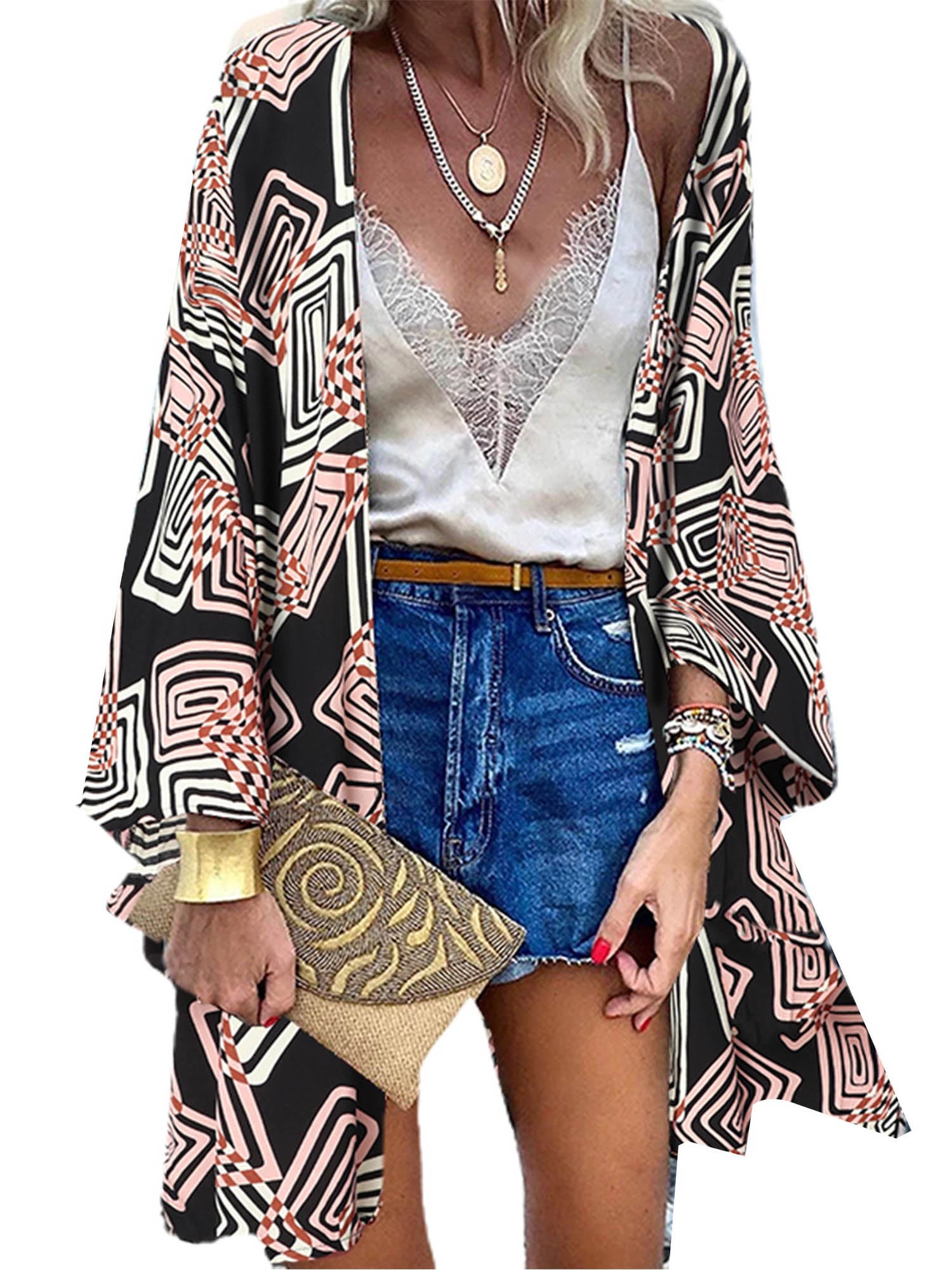 LilyLLL Plus Size Womens Boho Floral Cover Up Blouse Kimono Open Front ...
