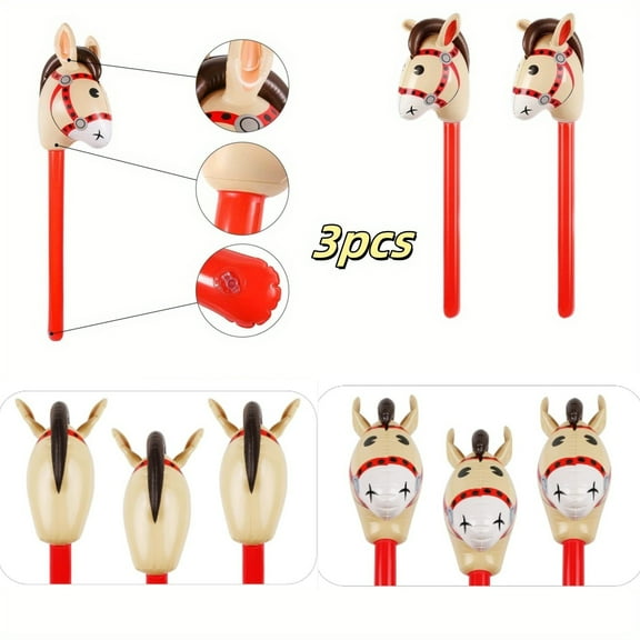 Horse Themed Party Decorations 3-Pack, 37 Inch Inflatable Pony Stick Horses for Baby Showers, Halloween and Western Events