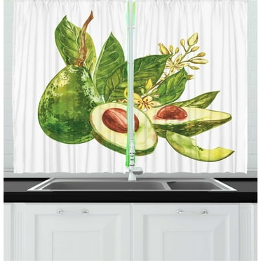 Ambesonne Avocado Kitchen Curtains, Watercolor Style and Leafy, 55"x45", White Fern Green