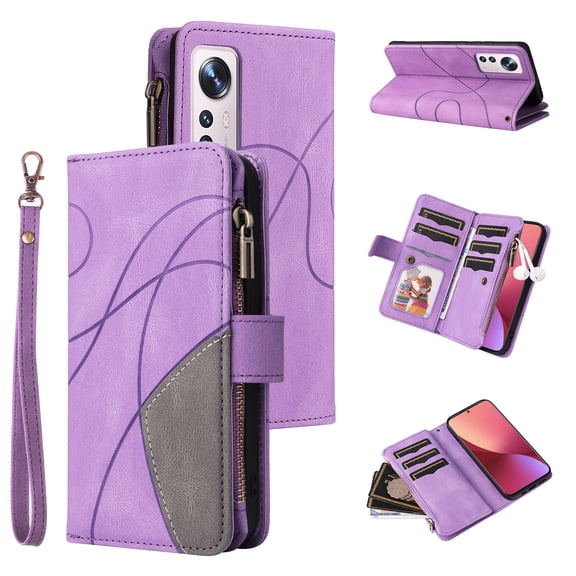 Wallet Case for Xiaomi 12 5G, PU Leather Zipper Storage Bag Kickstand Shockproof Flip Cover for Xiaomi 12 5G