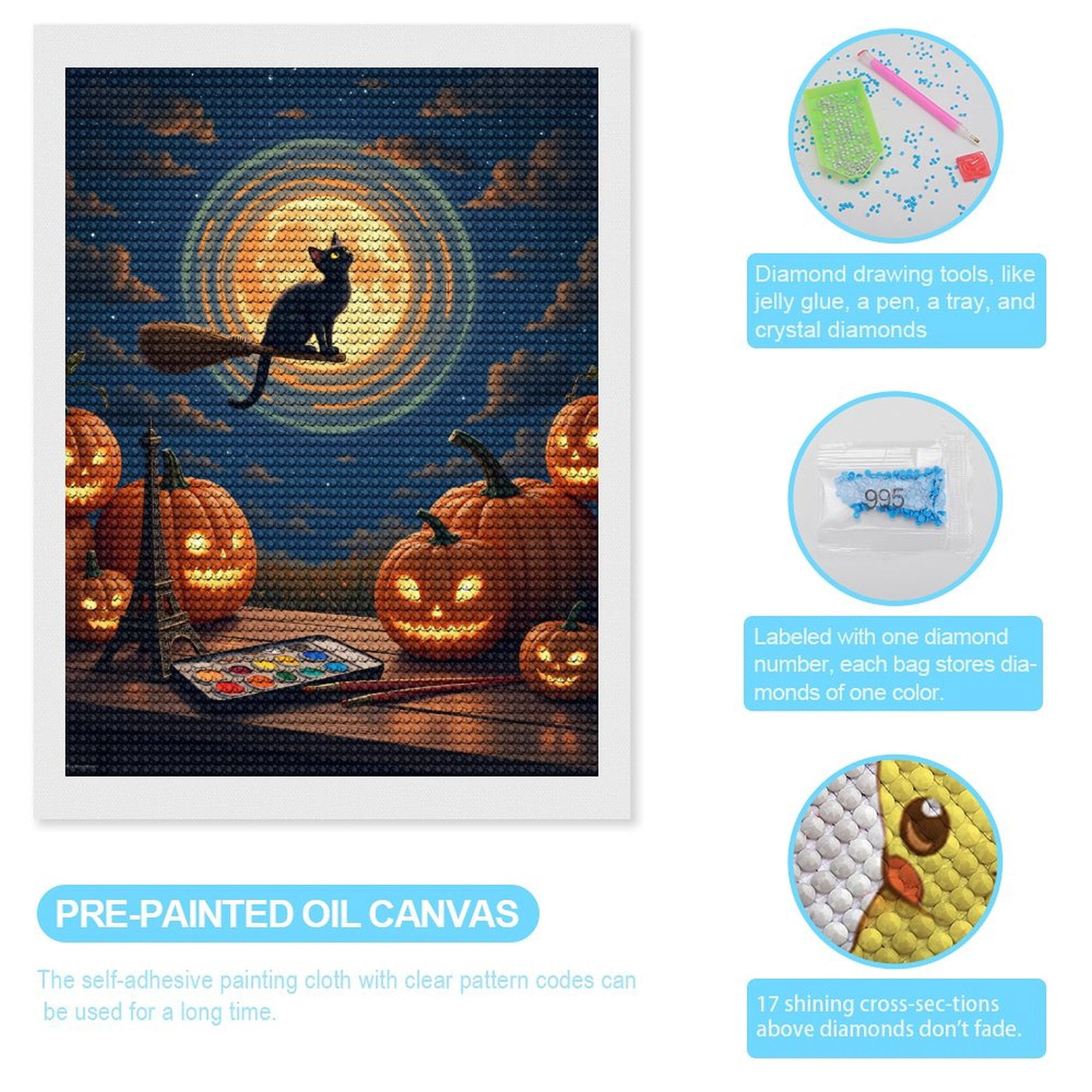 Diamond Art Kits for Adults, Halloween Night Cat Broom Moon Pumpkins 5D Diamond Painting Kits for Adults Beginners, DIY Full Drill Diamond Painting, Gem Art and Crafts 12x16