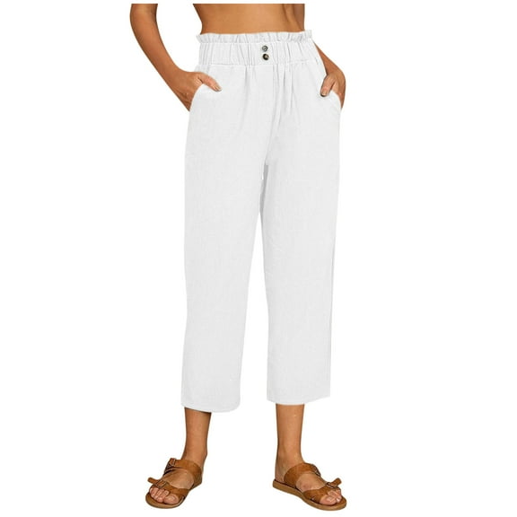 Eashery Pants for Women Casual Plus Size Drawstring White Beach Pant Relaxed Fit Yoga Pants Women'S Linen Pants (Solid Color,White,XXL)
