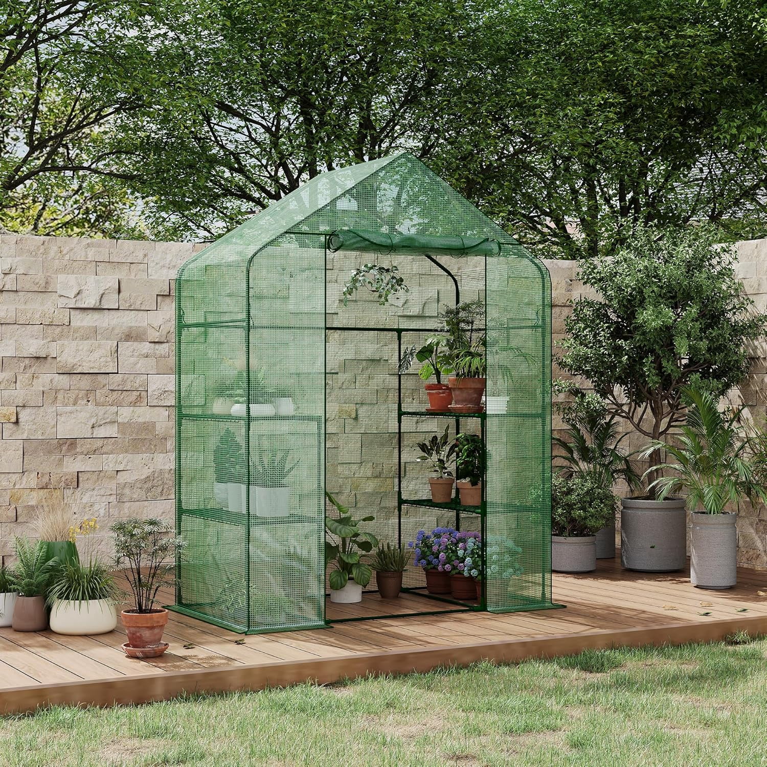 Yiwa 57"x29"x77" Portable Greenhouse with Thickened PE Cover & Roll-up Zipper Door - Walk-in Tunnels for Seedlings, Flowers, 4-Tier Shelves