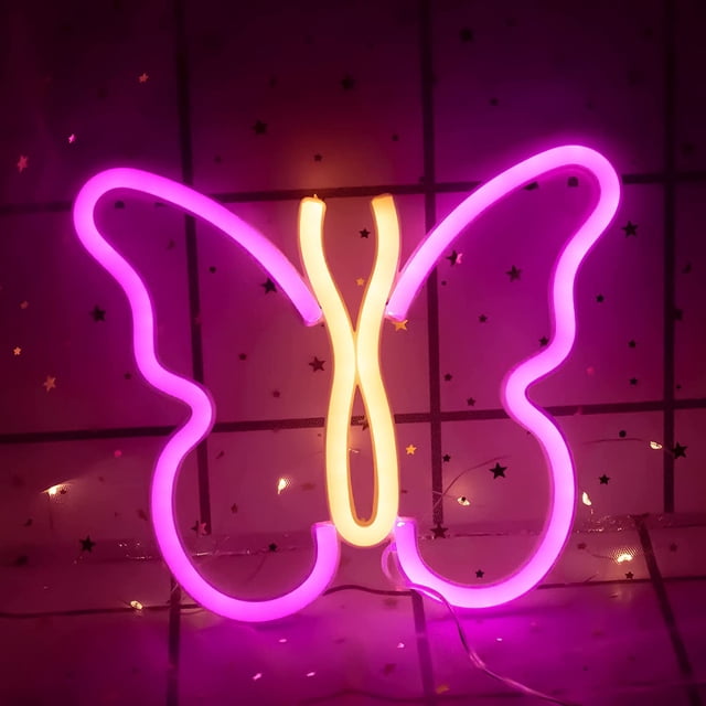 Letreros de neón de mariposa, luces para decoración de pared de dormitorio, USB o batería LED, luz nocturna de neón, decoración de pared, decoración estética de habitación para niñas (rosa/amarillo)
