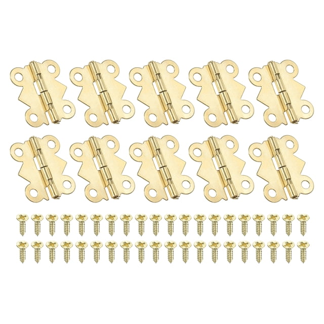 Bisagras pequeñas para joyeros Uxcell de 3/4 pulgadas, paquete de 10 bisagras en forma de mariposa de 90 grados para joyeros con 40 tornillos, doradas