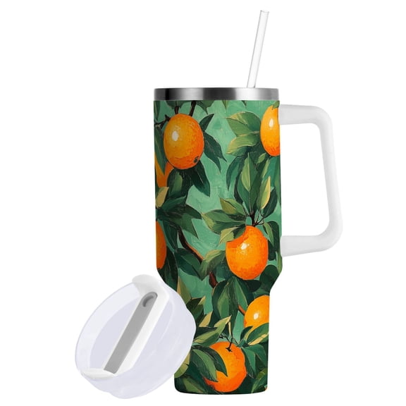 Yayeee 40oz Stainless Steel Tumbler with Straw and Handle Double-Wall Insulated Travel Water Bottle, Orange Tree Pattern
