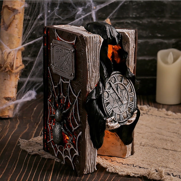 AUHomi Resin Ghost Book Decor Statue, Halloween Skull Book Prop 