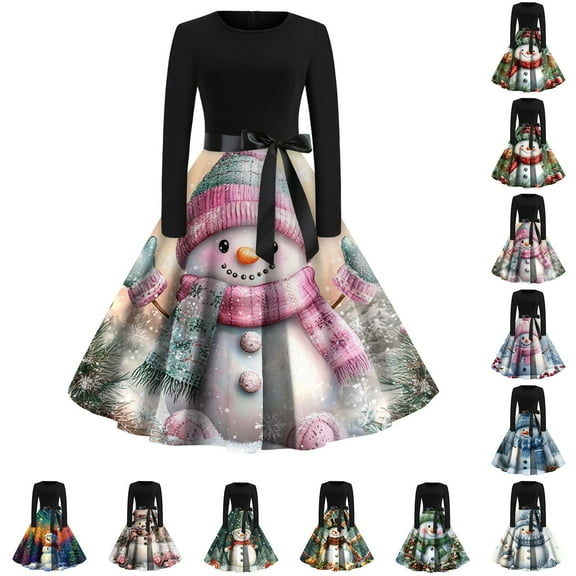 Christmas Dresses for Women Women's Fashion Vintage Long Sleeve Round Neck Christmas Printed Party Gown Dress for Evening Party,Blue,L