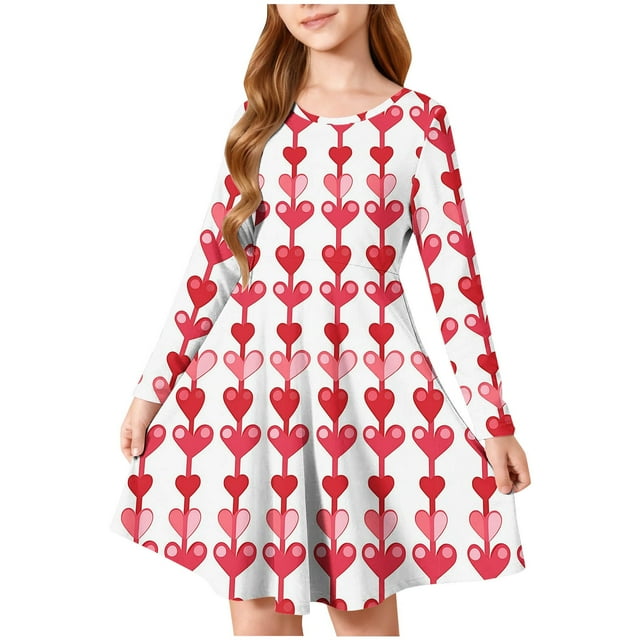 Robe à Manches Longues pour Filles, Robe Évasée Extensible pour Filles, Robe de Fête Décontractée pour Récital Scolaire avec Col Rond, Tailles pour Tout-Petits et Grandes Filles, Idée de Tenue pour la Saint-Valentin