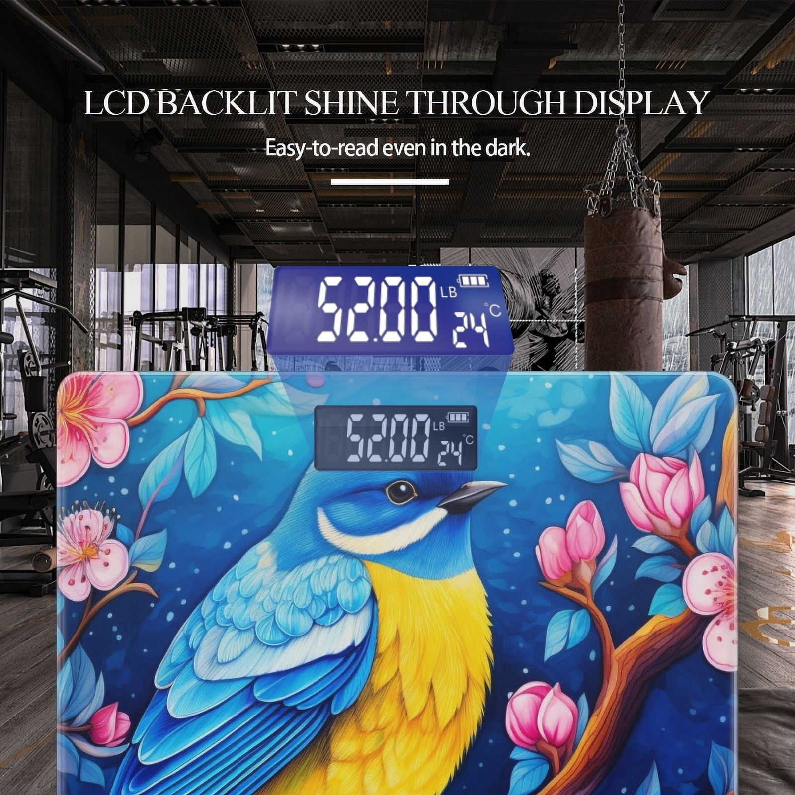 Bathroom Scale, Highly Accurate Digital Body Scale,Precisely Measures Weight up to 400 lbs-Blue And Yellow Bird Sitting On Cherry Blossom Tree With Pink Flowers