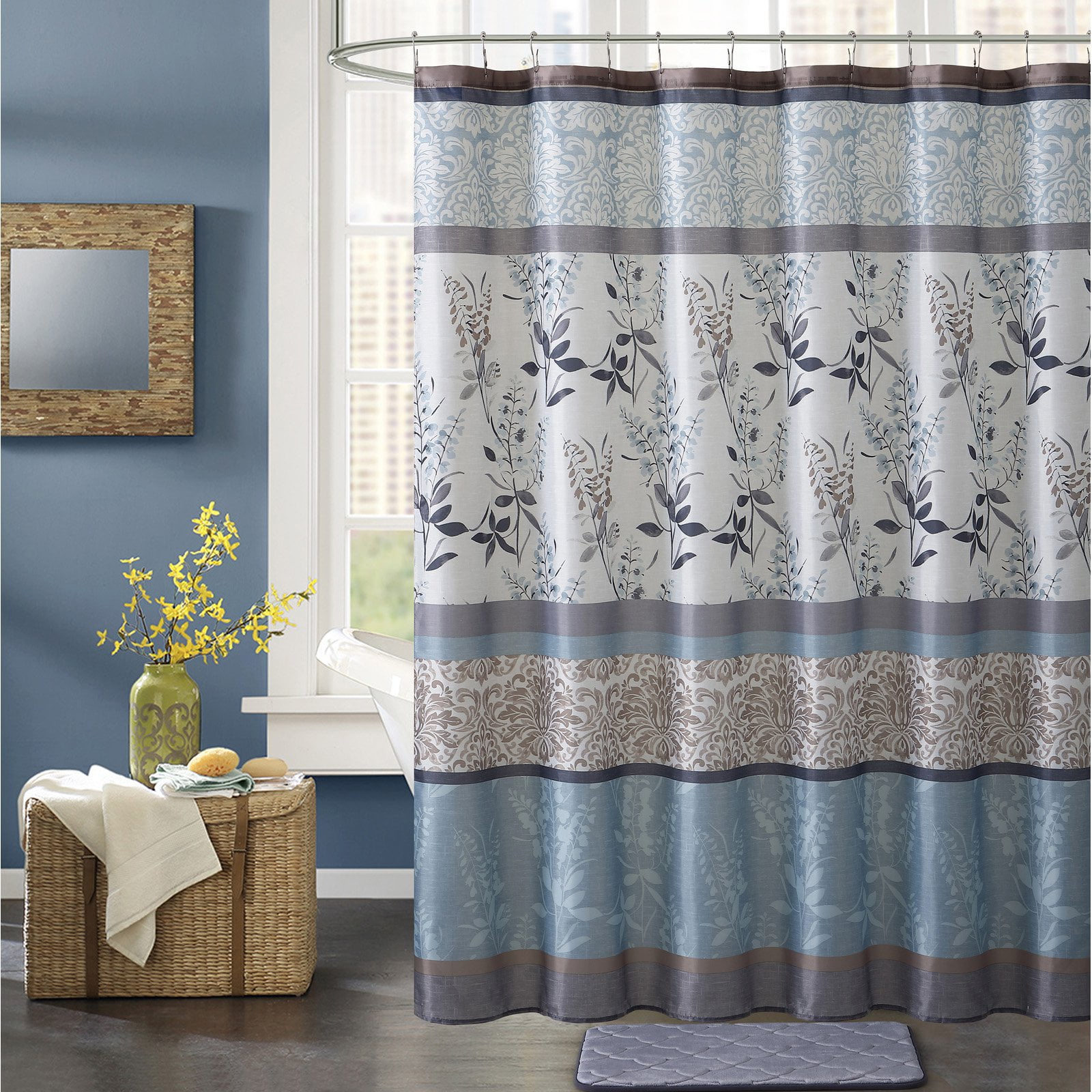 VCNY Home 14 Pc Complete Hawthorne Geometric Fabric Shower Curtain /& Hooks Set