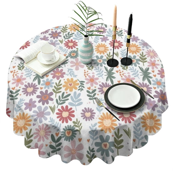 Colorful Daisy Flower Floral Pattern Round Tablecloth 60"x60",Wrinkle Wipeable Table Cloth for Kitchen Dining Room Picnic Patio Party