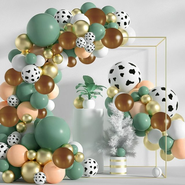 Ensemble d'Arche Guirlande de Ballons Cowboy Vert 136 Pcs Réutilisable Ballons Imprimé Vache Vert Sauge Brun Ballon Rétro Sable Doré Blanc pour Décorations de Fête d'Anniversaire Mariage Shower