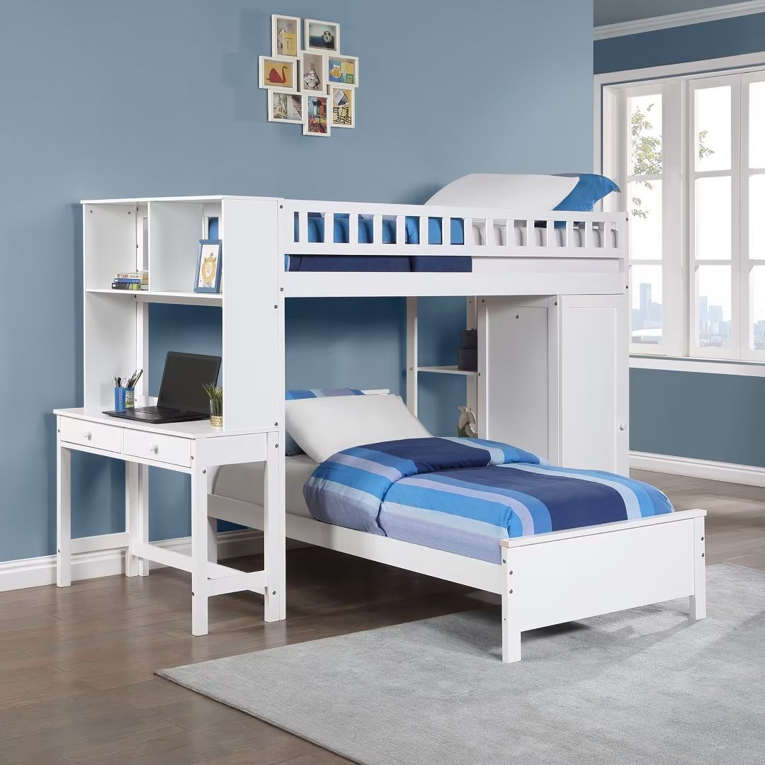 Twin Size Loft Bed with Closet and Desk, Pine Wood Loft Bed Bed Frame