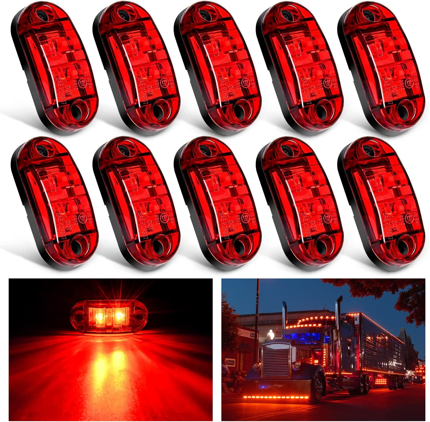 Nilight 2.5Inch Oval Side Marker Light 10PCS Red 2 Diode LED