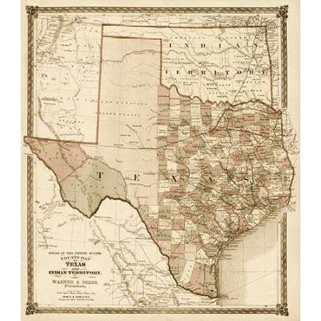 Texas Map Poster County Map of Texas and Indian Territory 1874 - Decorative Sepia Poster Print by HH Lloyd and Company ()