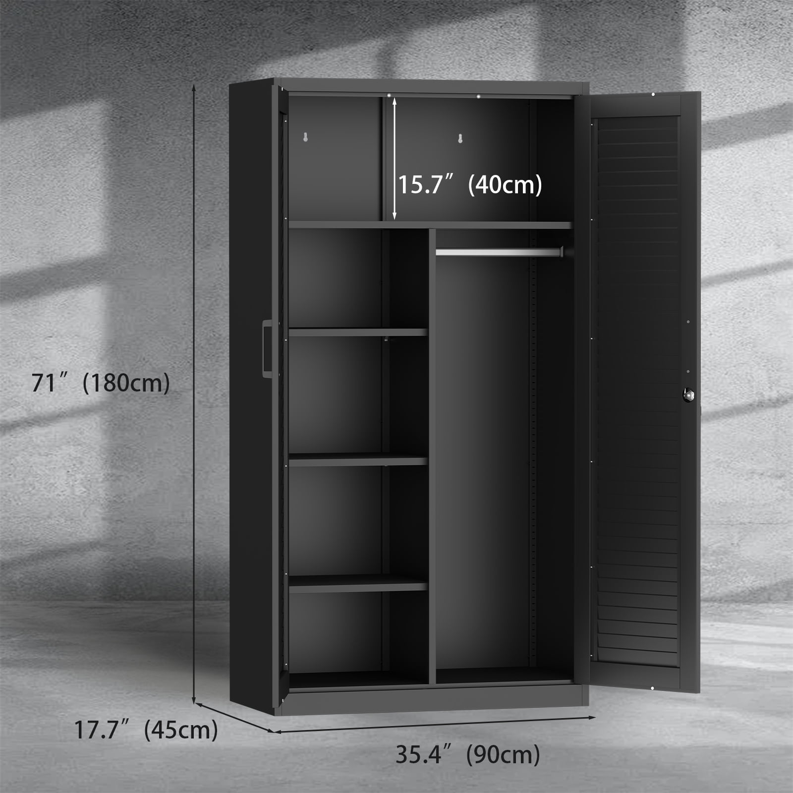 Metal Storage Cabinet with Hanging Rod, Black Broom Closet Storage Cabinet with Lock, Tall Wardrobe Cabinets with Doors and Shelves, Locking Steel Tool Cabinets for Home, Office, Garage