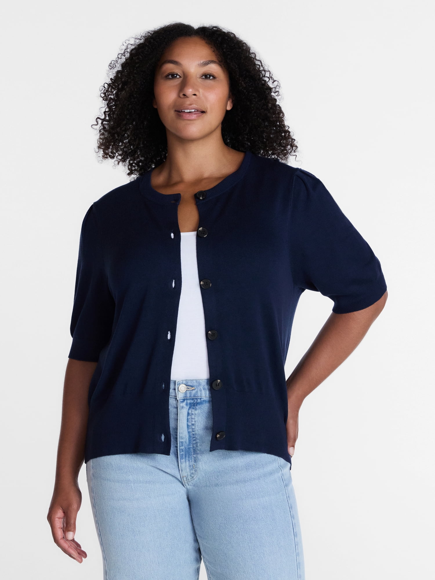 Time and Tru Women's Crewneck Cardigan with Short Sleeves, Lightweight, Sizes XS-XXXL