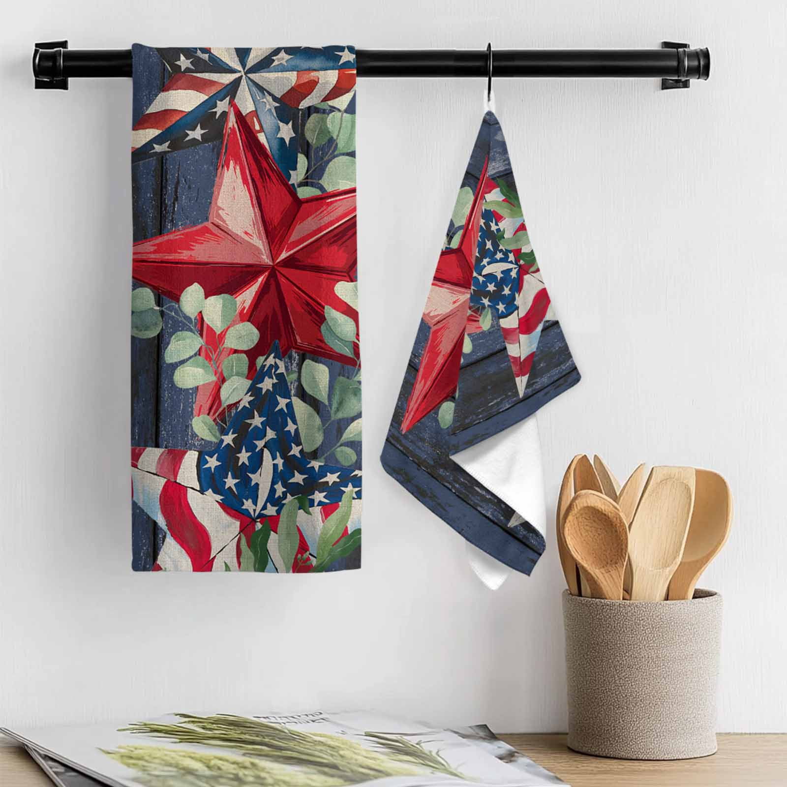 4th of July Kitchen Towel Dish Cloths Set of 2, Microfiber Soft Kitchen Hand Towels, Independence Day Red Star Vintage Absorbent Quick Drying Dishcloths 18 x 28 Inches