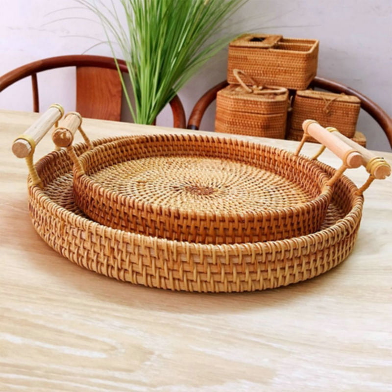 Rattan Storage Tray Round Basket Handle Hand-woven Rattan Wicker Bread Food 