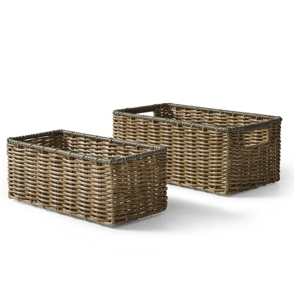 Better Homes & Gardens 2-Piece Poly Rattan Decorative Storage Basket Set, 13.5 in x 7.5 in x 5.5 in