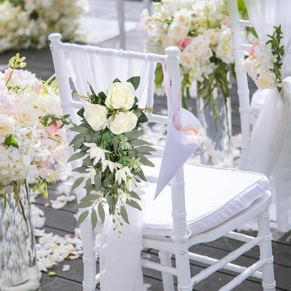 Wedding Aisle Chair Decorations Flowers Rose Floral Wedding Chair Back Flowers With Leaves And Ribbons Chair Flowers Flower Decor For Wedding