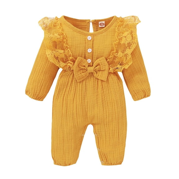 12 Months Baby Girls Clothes 18 Months Toddler Girls One-piece Romper Bodysuit Ruffle Long Sleeve Cute Bowknot Snap Design Jumpsuit Yellow