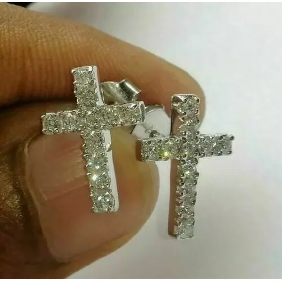 2Ct Round Cut Lab Created Diamond Women's Cross Stud Earrings in 14k White Gold Plated