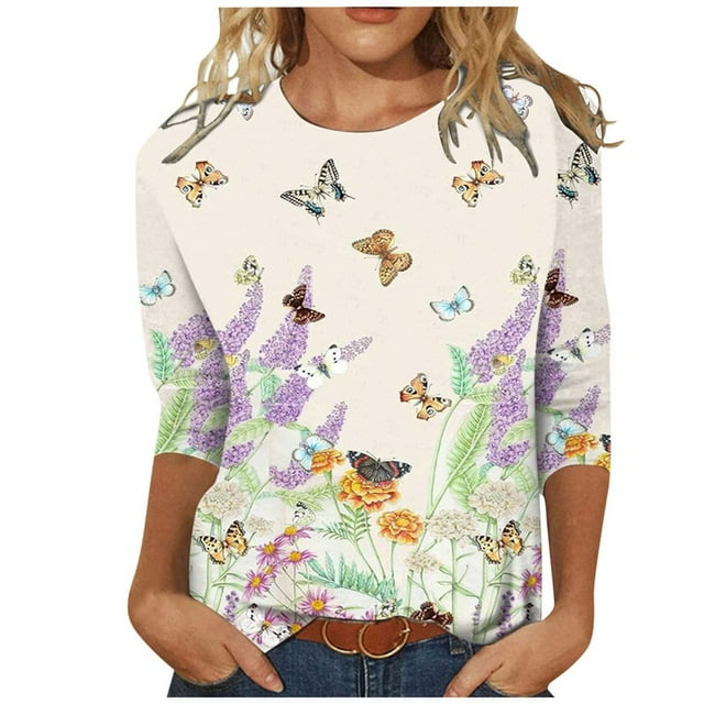 CHUANK T-Shirts pour Femmes à Manches Trois-Quarts, Coupe Ajustée à Motif Floral, T-Shirts Blancs, Chemises pour Femmes, Manches 3/4 au Coude, Col Rond, Chemises Décontractées pour Femmes, Liquidation, Blouses et Hauts Boho, Vert TG