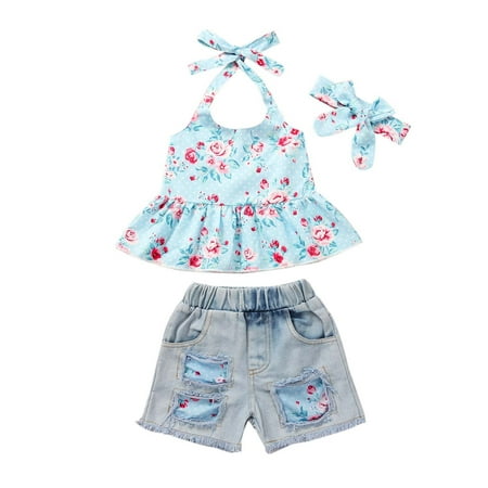 

Fesfesfes Toddler Baby Girl Summer 3pc Set Of Denim Shorts With Floral Halterneck Top