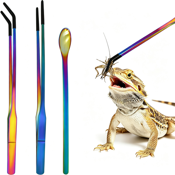 KASIU 3 Pcs Extra Long Reptile Feeding Tongs and Spoon Set Stainless Steel Reptile Tweezers for Aquarium with Rubber Tip Straight and Curved Terrarium Feeder Tools for Bearded Dragon Lizards