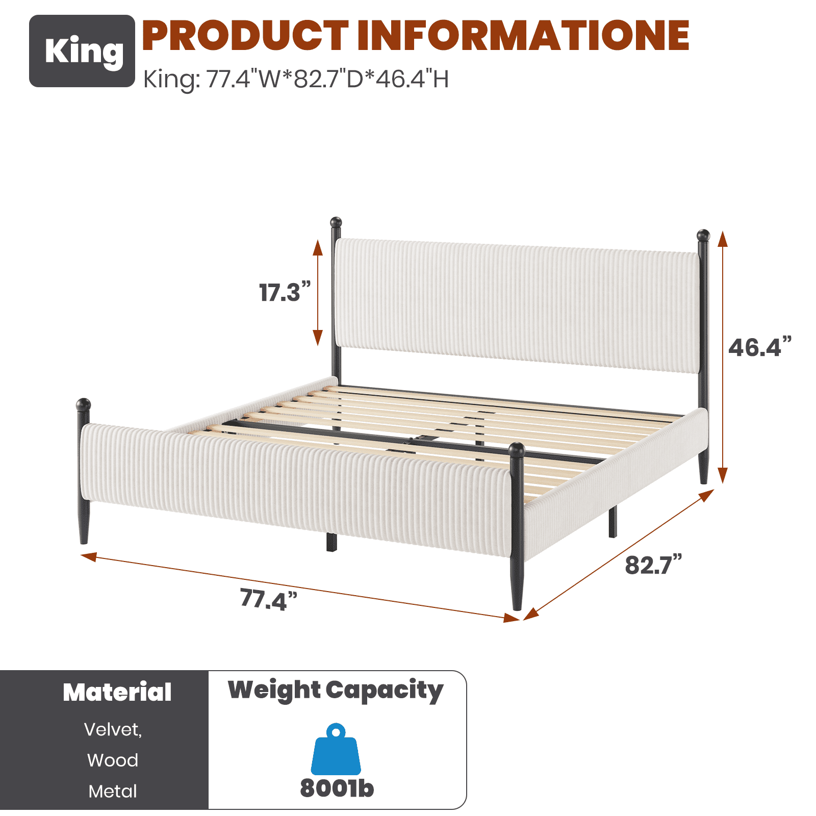 King Size Upholstered Bed Frame with Velvet Headboard, Soft Corduroy Fabric Platform Bed with Wooden Slats Support, No Box Spring Needed, White