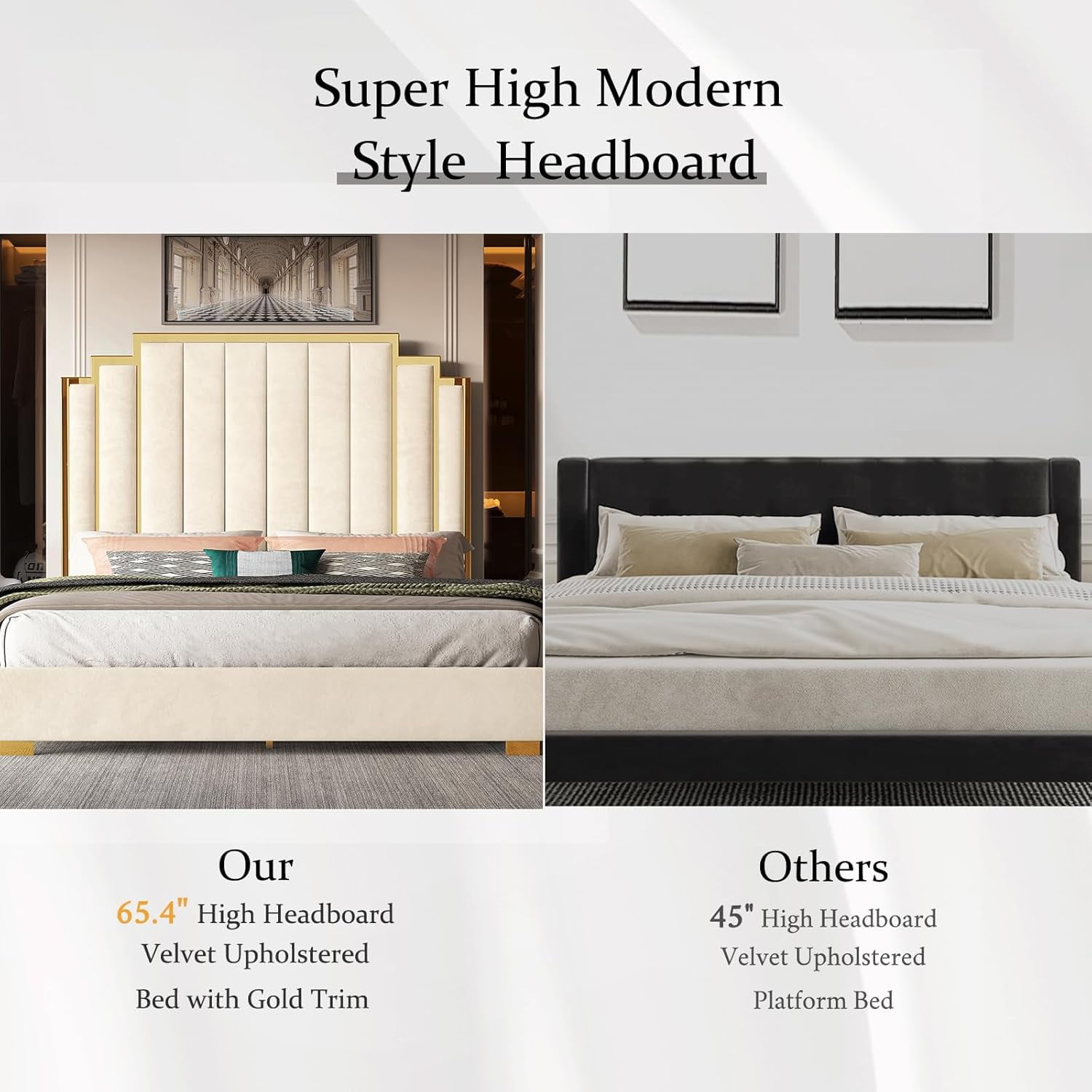 VanAcc King Size Platform Bed Frame, 61.4" Velvet Upholstered Bed: with Gold Trim Headboard/Wooden Slats/No Box Spring Needed/Cream