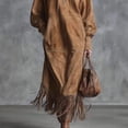 thumbnail image 5 of Women Western Brown Faux Suede Maxi Dress Half Zip Stand Collar Fringe Hem Cowgirl Long Dress with Side Pockets, 5 of 6