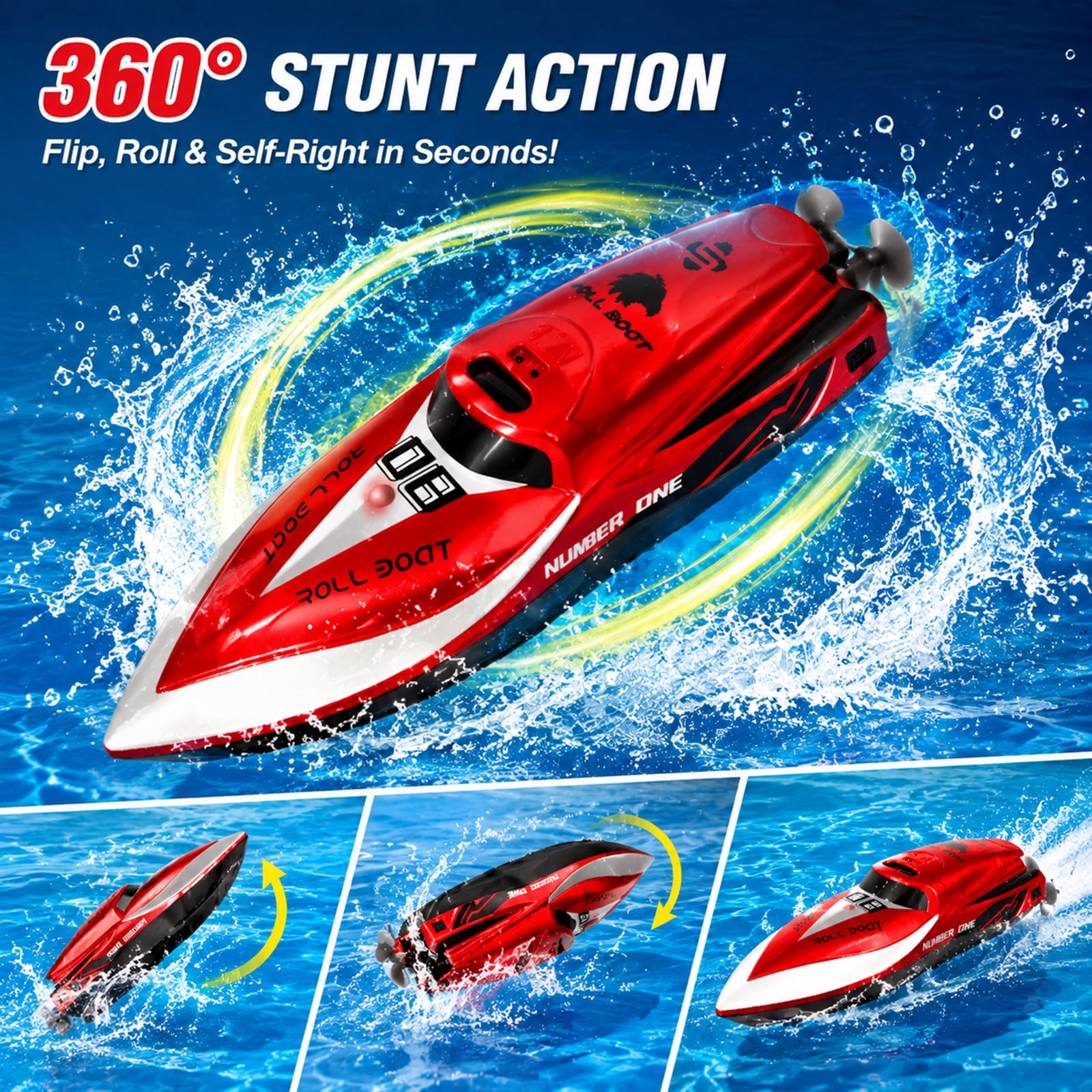 Funtogether toys Mini RC Boat 2.4Ghz Remote Control Watercraft with Rechargeable Battery, Red