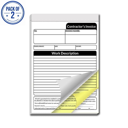 Contractor Invoice Book, Pack of 2 - 2 Part Carbonless Work Order Forms, 5.5 x .8.5 Invoice Pad, 50 Sets, 100 Sheets for Contractors & Small Business