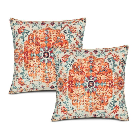 ABSOP Orange Blue Boho Pillow Covers 16X16 Inch Set of 2 Bohemian Vintage Ethnic Couch Pillow Cases Rust Coral Floral Throw Pillows for Living Room Bedroom Bed Cushion