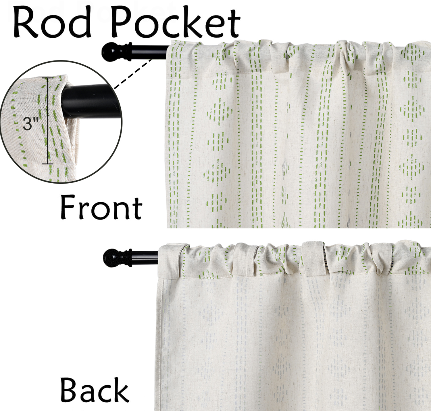 Alishomtll Boho Farmhouse Curtains Linen Light Filtering Sage Green Geometric Striped Window Drapes ,52"x63", 2 Panels