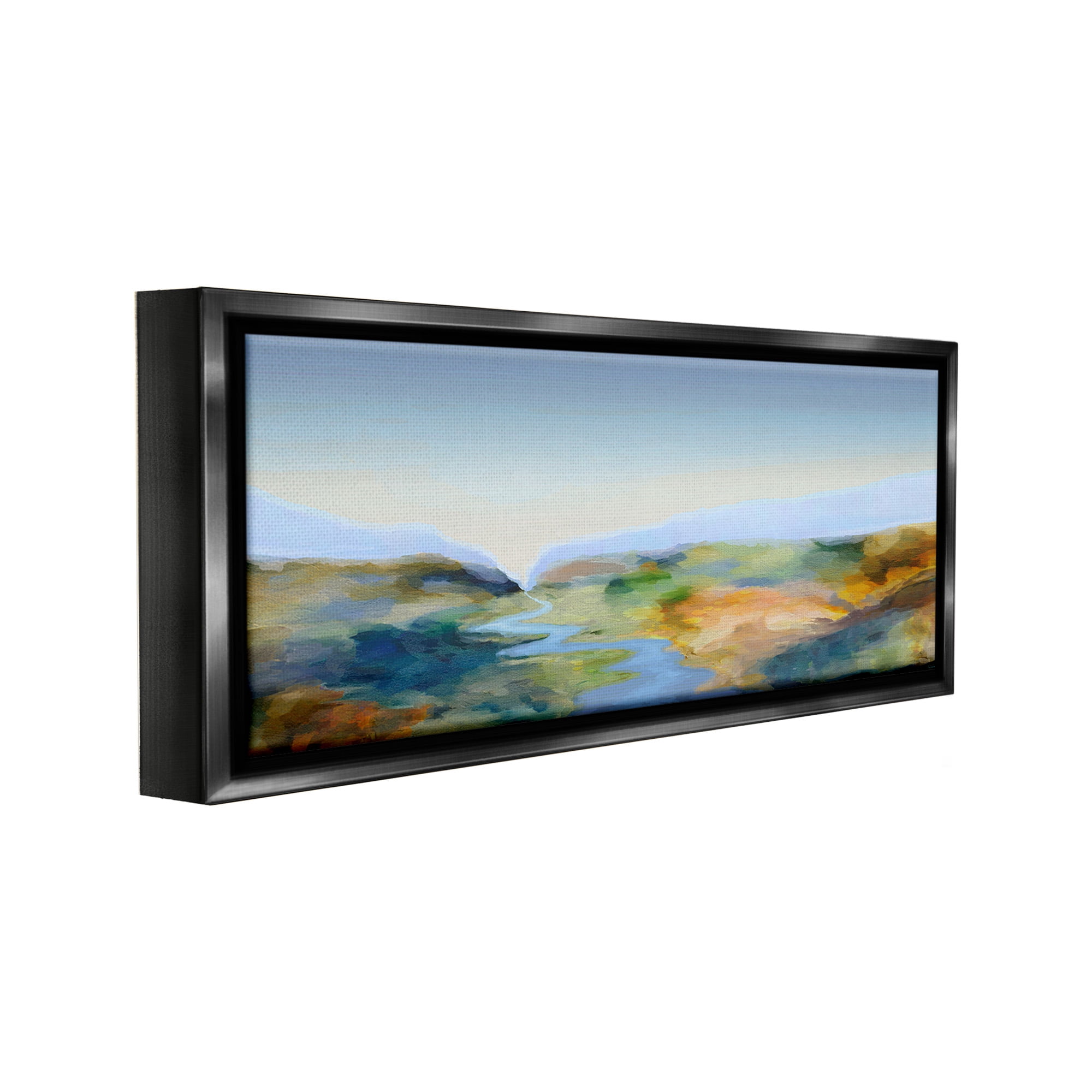 Stupell Industries Abstract Winding Stream Landscape Painting Black Floater Framed Canvas Art Print Wall Art, 25 x 11