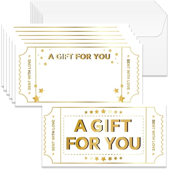 40 Sets Gift Certificate for Business Gold Blank Gift Cards Certificates with Envelopes 6.6" x 3.3" Ticket Stub Cards Vouchers