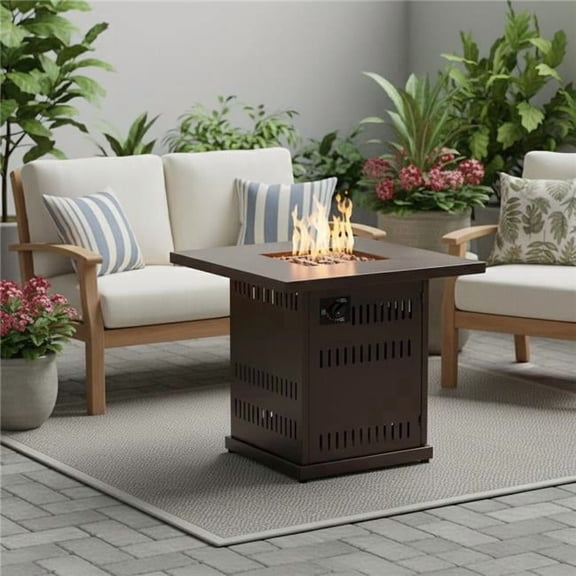 HomeRoots 714422 27 in. 50000 BTU Brown Steel Propane Square Fire Pit Table with Cover