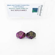 Black and Purple Gemini Dice with Gold Numbers Perc D10 Aprox 16mm (5/8in) Pack of 2 Wondertrail