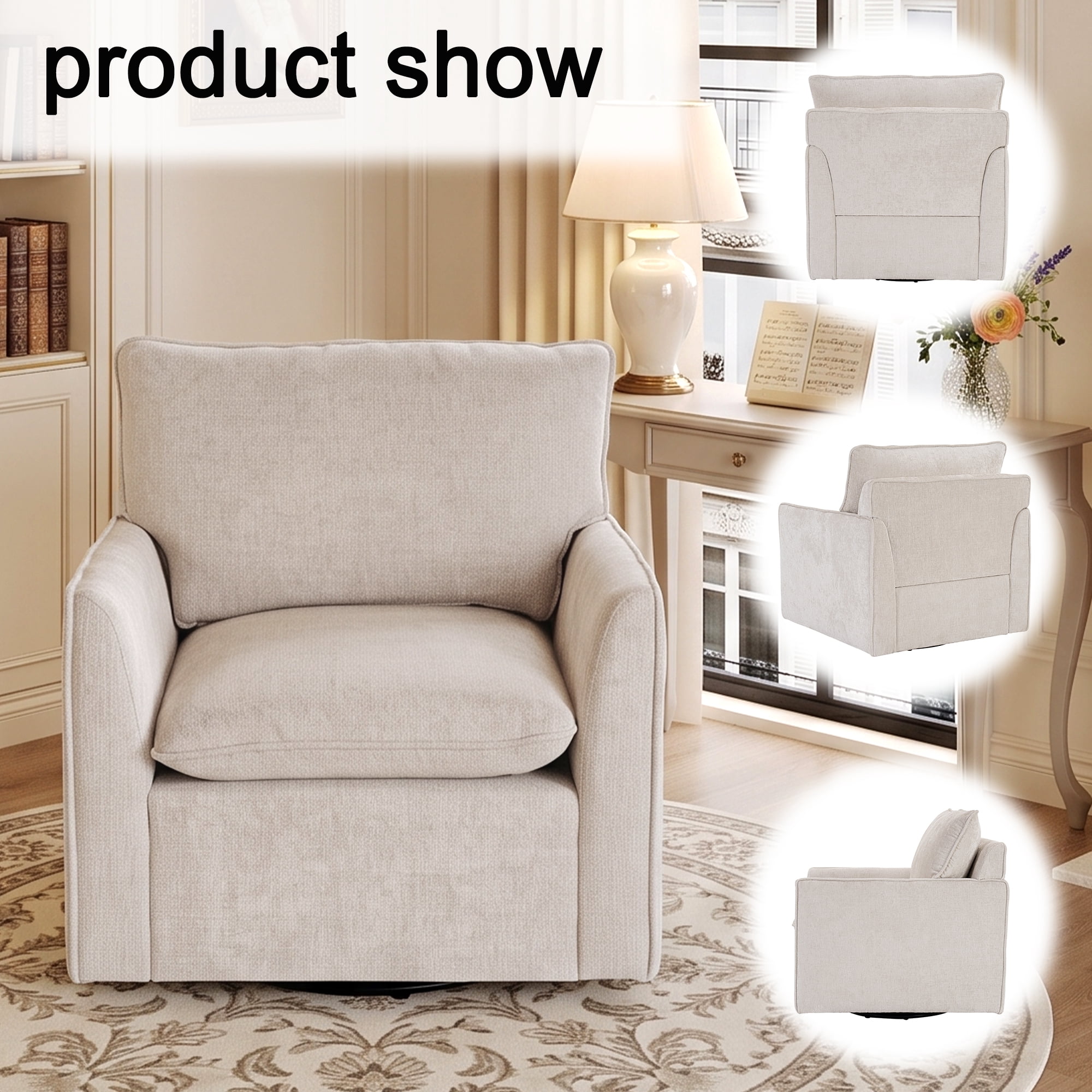 MOONMISS Chenille Swivel Accent Chair,Single Square Sofa Armchairs,Upholstered Club Chairs for Living Room,Beige