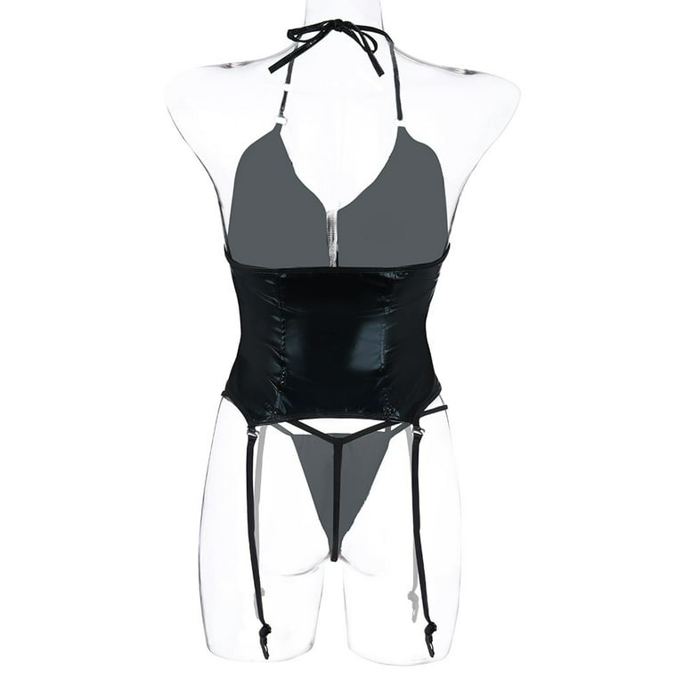 MRULIC lingerie for women Womens Leather Underwear Zipper Bodysuit With  Garter Thong Set Lingerie Black + XXL
