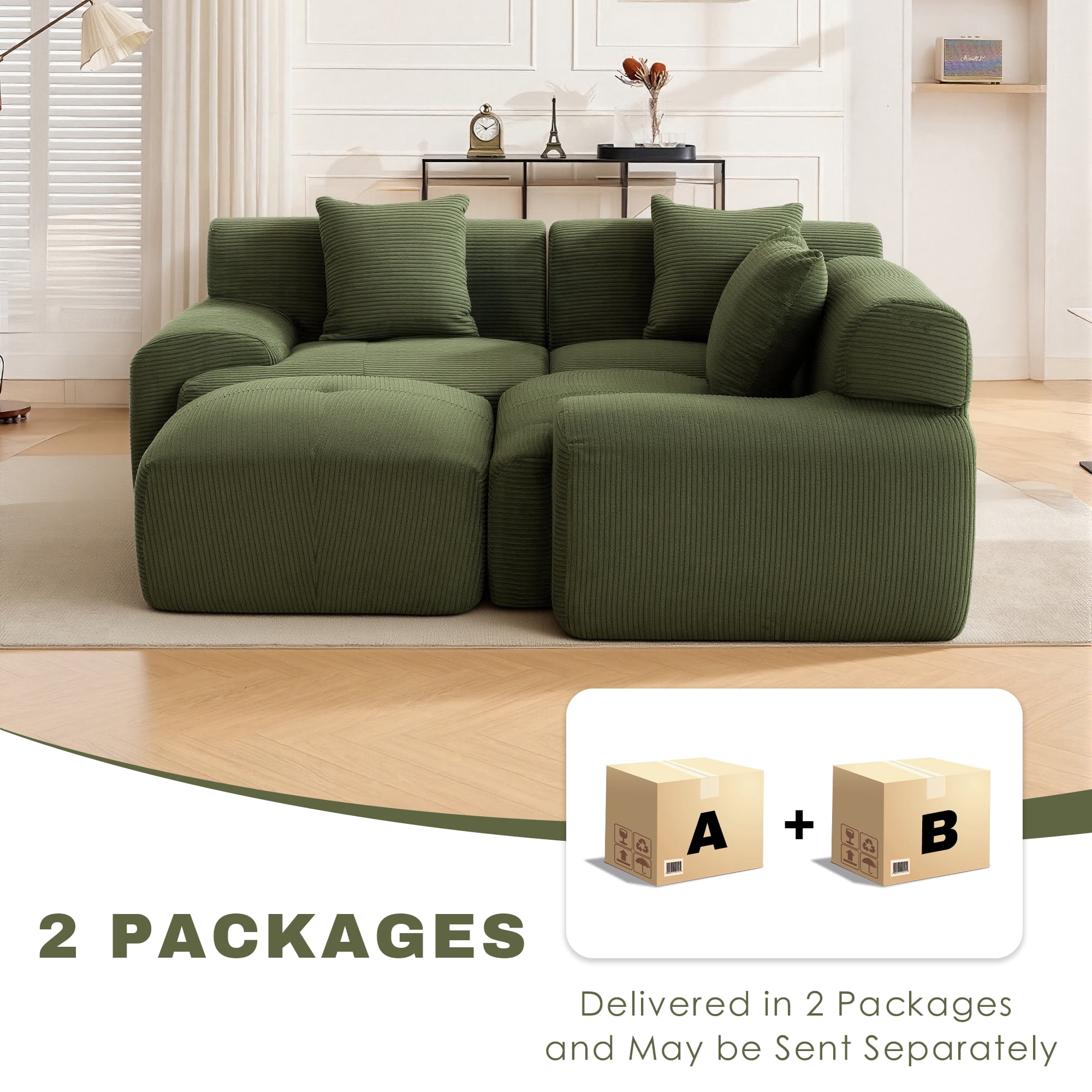 GAOHAPY 107"Modern L Shaped Modular Sectional Sofa, Oversized Corduroy Couch Deep Seat, Boneless Cloud Couch with Ottoman, 30D Sponge for Indoor Living Room, No Assembly Required(Green)