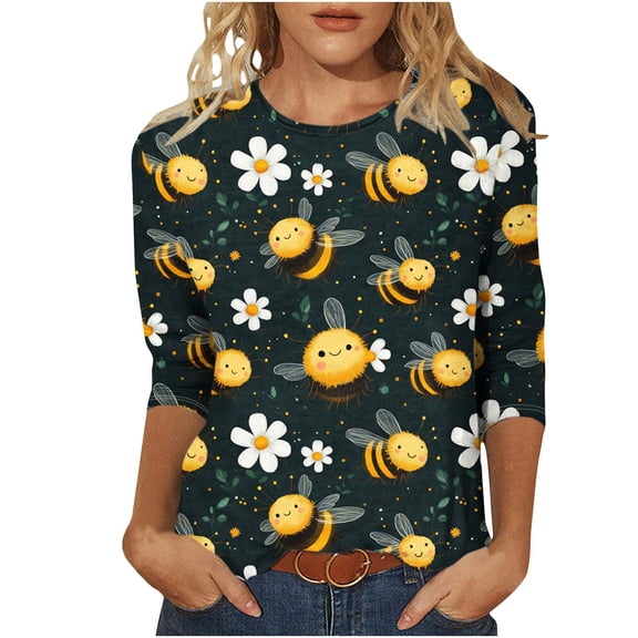 CYMMPU Bee Graphic 3/4 Sleeve Loose Fit Summer Trendy Shirts Blouses for Women Dressy Casual Round Neck Spring Tunic Tops Lightweight Basic Tees Multicolor L
