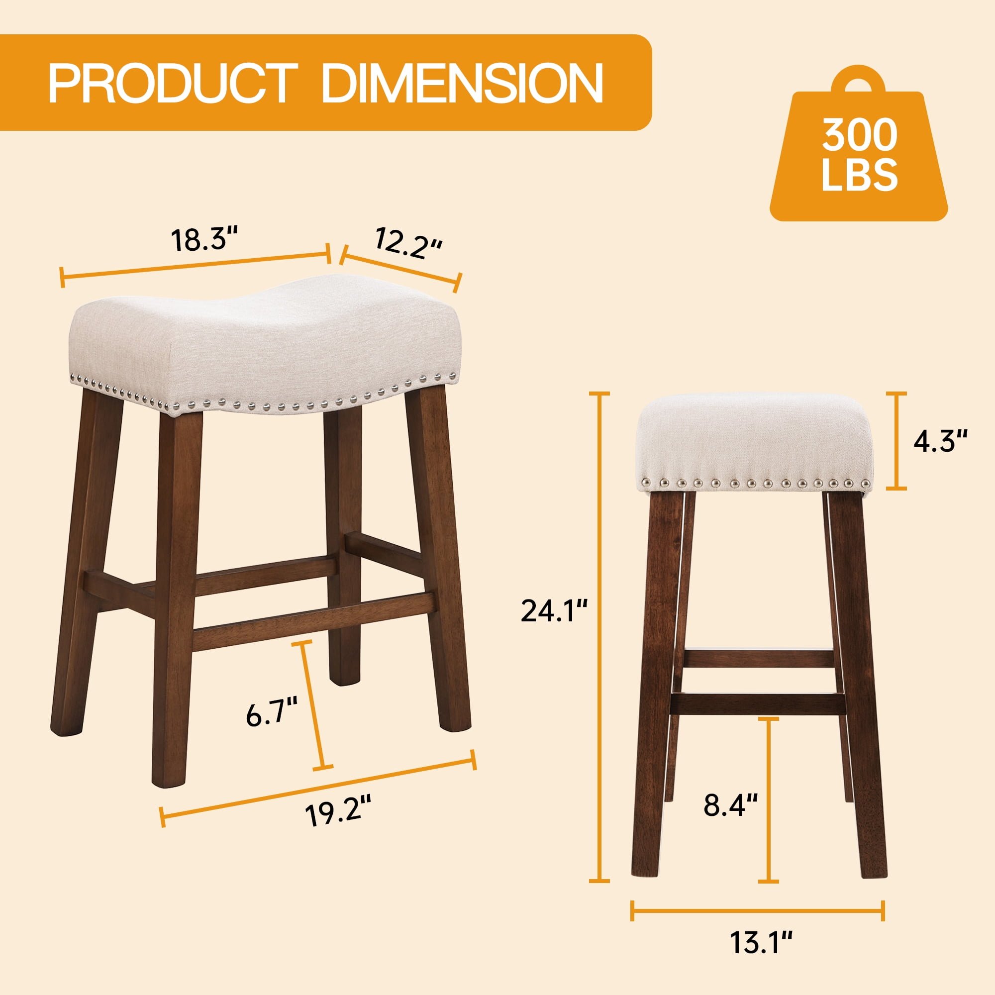 24 inch Bar Stools Set of 2 Linen Counter Height Kitchen Stools Curved Backless Saddle Barstools for Kitchen Island, Beige